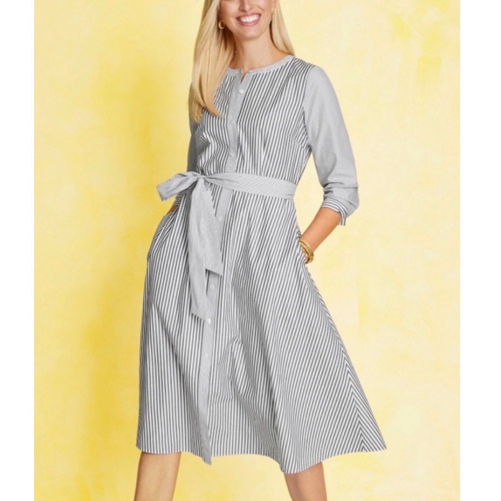 Talbots Shirt Dress Womens 2P Gray White Striped Preppy Cotton Fit Flare Pockets